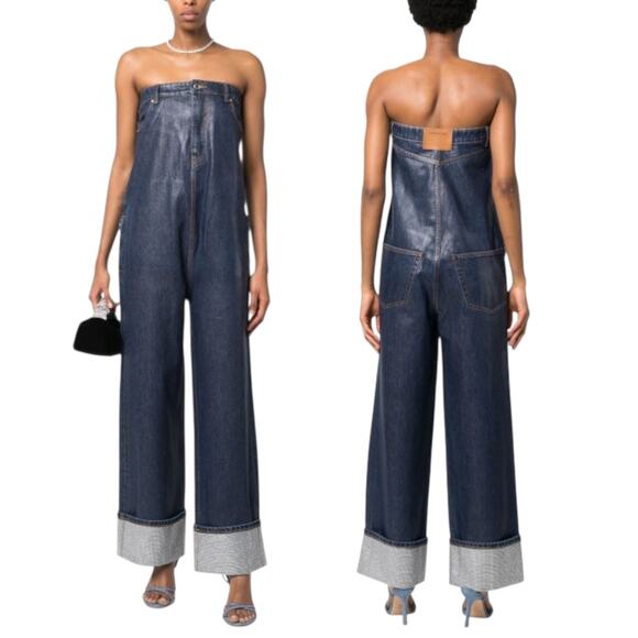 Alexander Wang Crystal Embellished Waxed Denim Strapless Jumpsuit - Picture 2 of 16